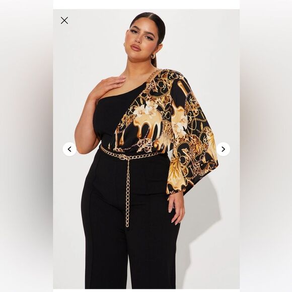 NWT - Fashion Nova Vivian One-Shoulder Jumpsuit - Black/combo - Size 2 - Picture 5 of 8